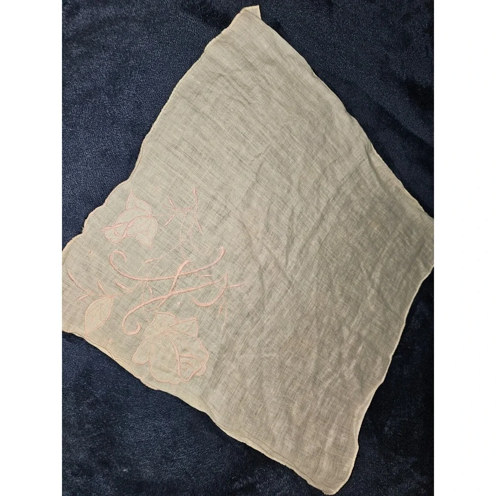 Vintage Linen Handkerchief Pink Rose Floral Embroidery Scalloped Edge Natural